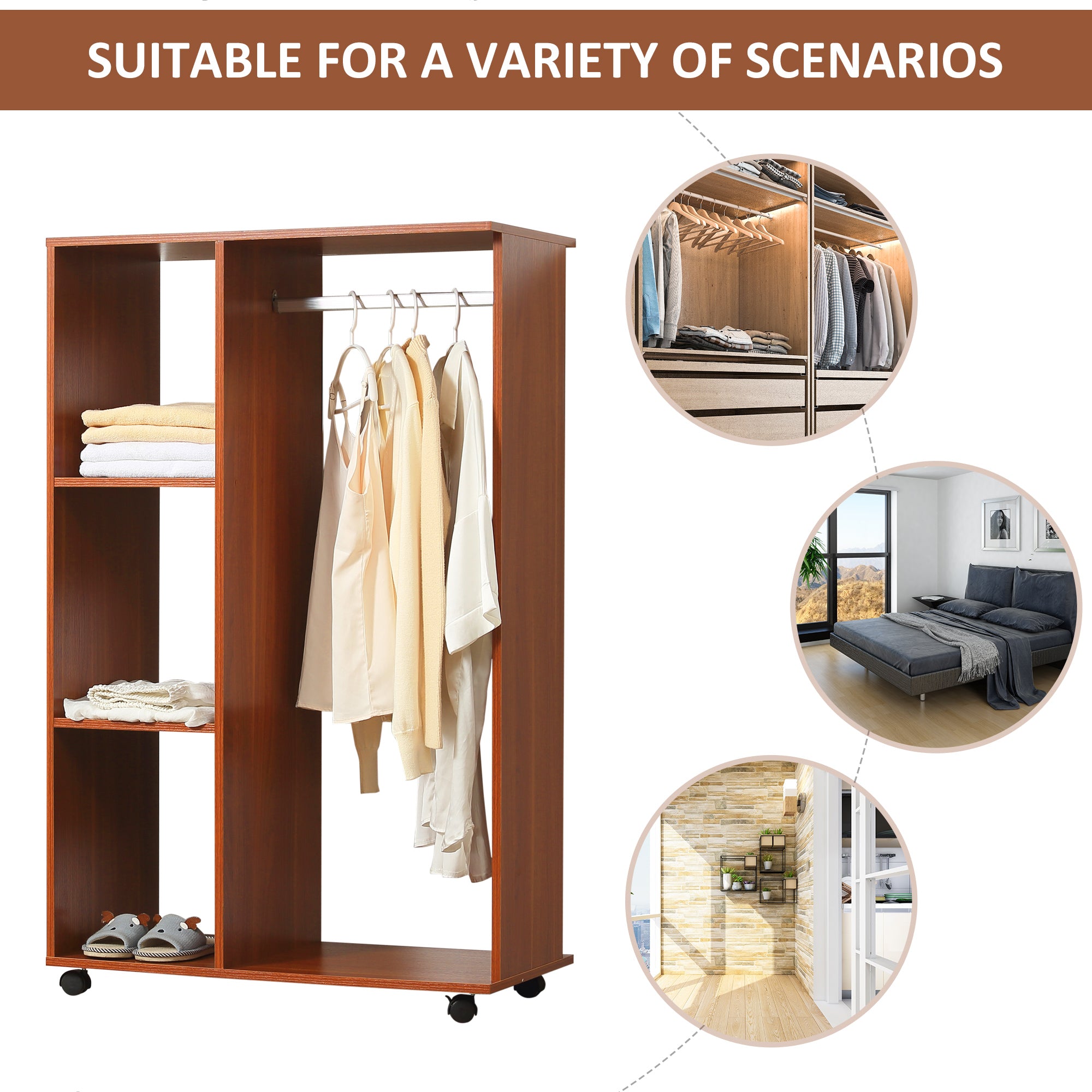 HOMCOM Open Wardrobe on Wheels, Bedroom Wardrobe with Clothes Hanging Rail, 3 Storage Shelves, Mobile Garment Rack for Cloakroom, Hallway, Walnut 