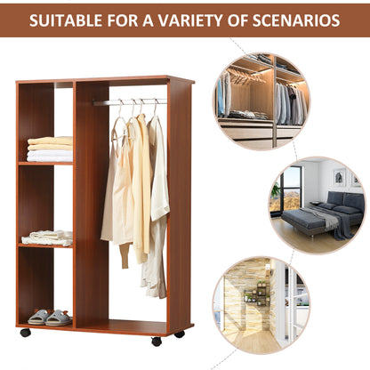 HOMCOM Open Wardrobe on Wheels, Bedroom Wardrobe with Clothes Hanging Rail, 3 Storage Shelves, Mobile Garment Rack for Cloakroom, Hallway, Walnut 