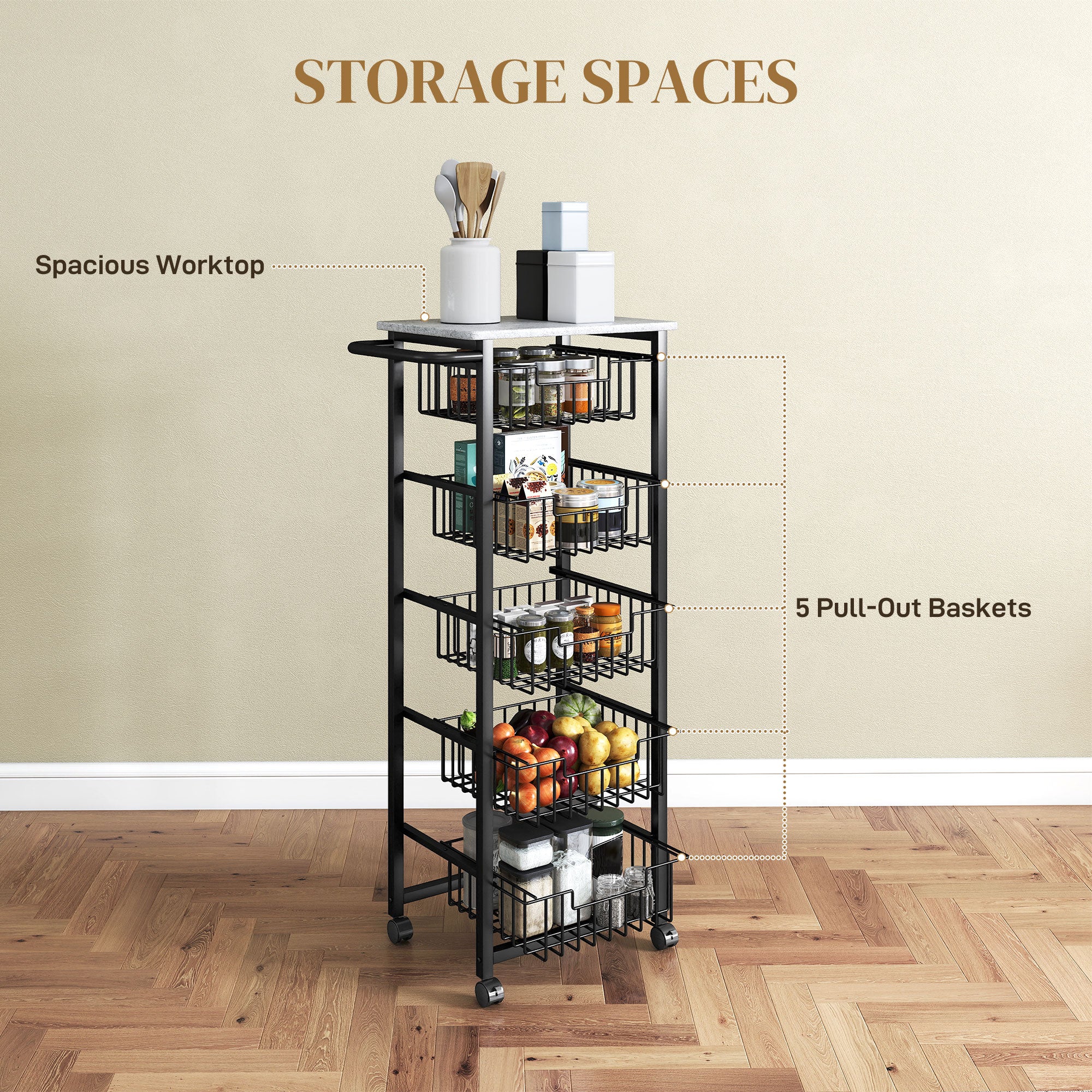 HOMCOM Five Basket Mobile Kitchen Island, with Brakes - Grey/Black 