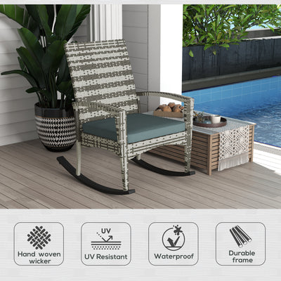 Outsunny Outdoor PE Rattan Rocking Chair, Garden Rocking Chair Set with Armrest and Cushion, Light Grey 