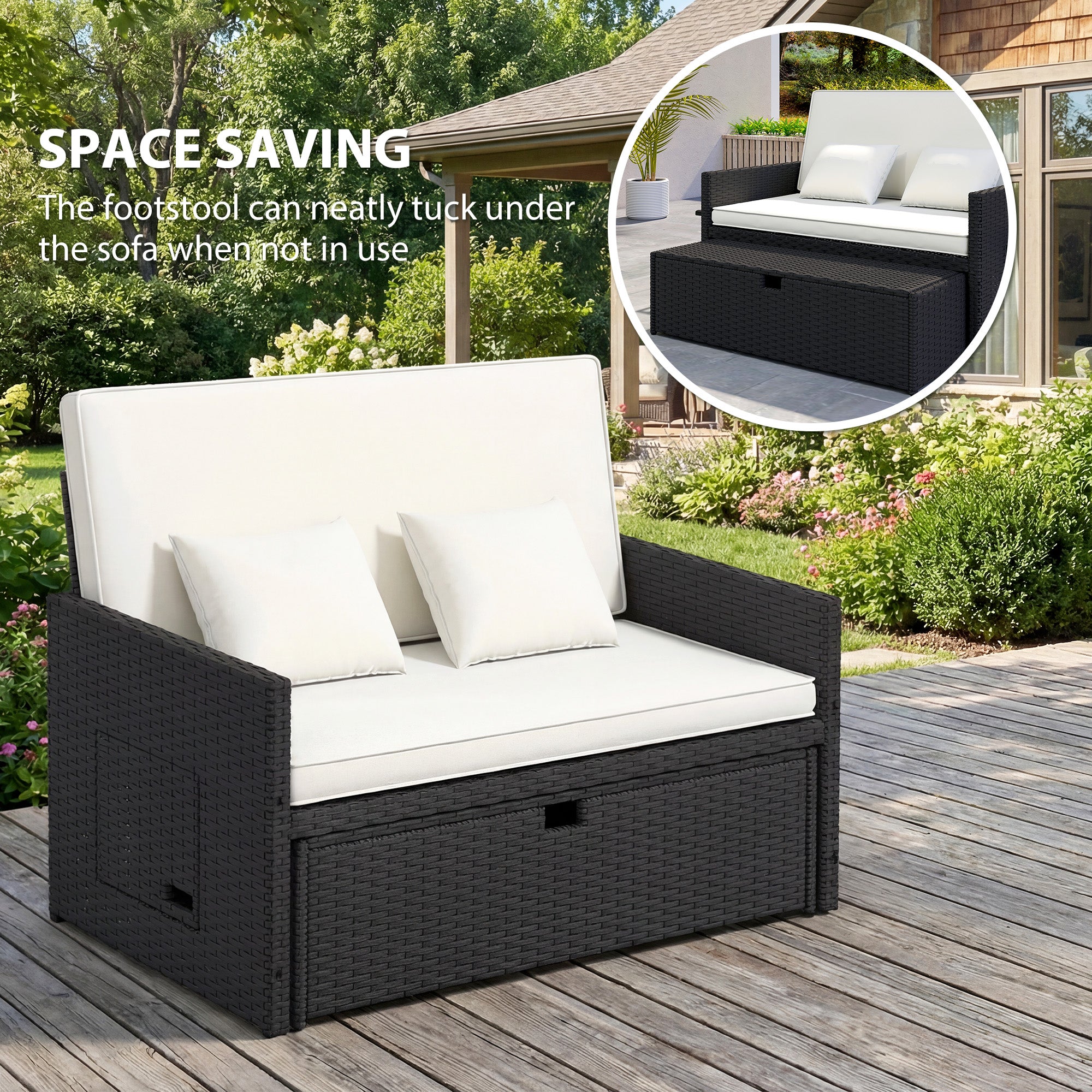 Outsunny Rattan Garden Daybed, Double Sun Lounger with 5-Level Adjustable Back, Storage Ottoman, Cream White 