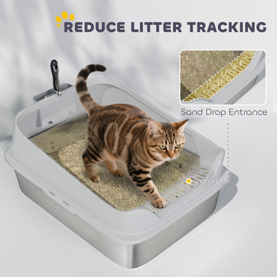 PawHut XXL Stainless Steel Cat Litter Box with High Sides, Metal Scoop, 70 x 50 x 30 cm 