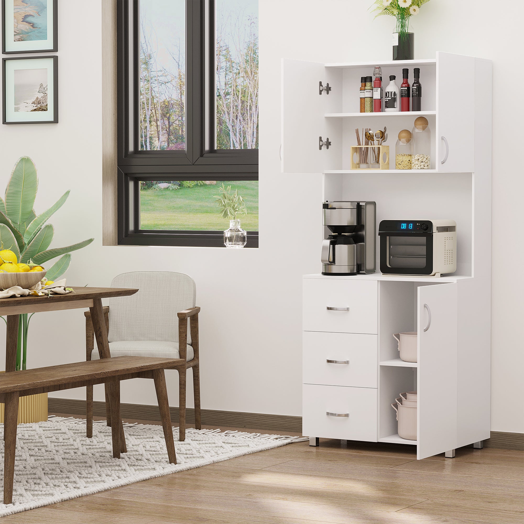 HOMCOM Free standing Kitchen Cupboard, Storage Cabinet with Doors and Sheleves, 3 drawers and Open Space, Adjustable Height Storage Unit, White 