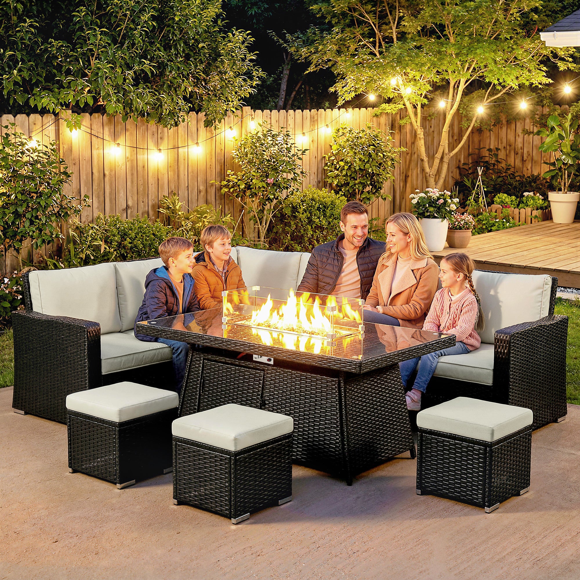 Outsunny 7 Pieces PE Rattan Garden Furniture Set, 50,000 BTU Gas Fire Pit Table, Double Corner Sofa and 3 Footstools 