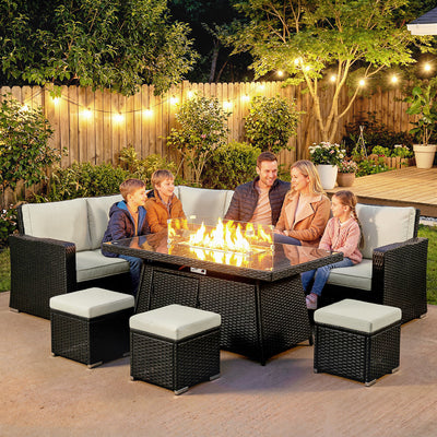 Outsunny 7 Pieces PE Rattan Garden Furniture Set, 50,000 BTU Gas Fire Pit Table, Double Corner Sofa and 3 Footstools 