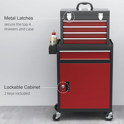 HOMCOM Two-Part Tool Storage Chest on Wheels - Black/Red 