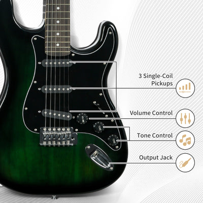SPORTNOW Six-String Electric Guitar, with 15W Amplifier, Digital Turner, Picks, Shoulder Strap, Case Bag - Dark Green 
