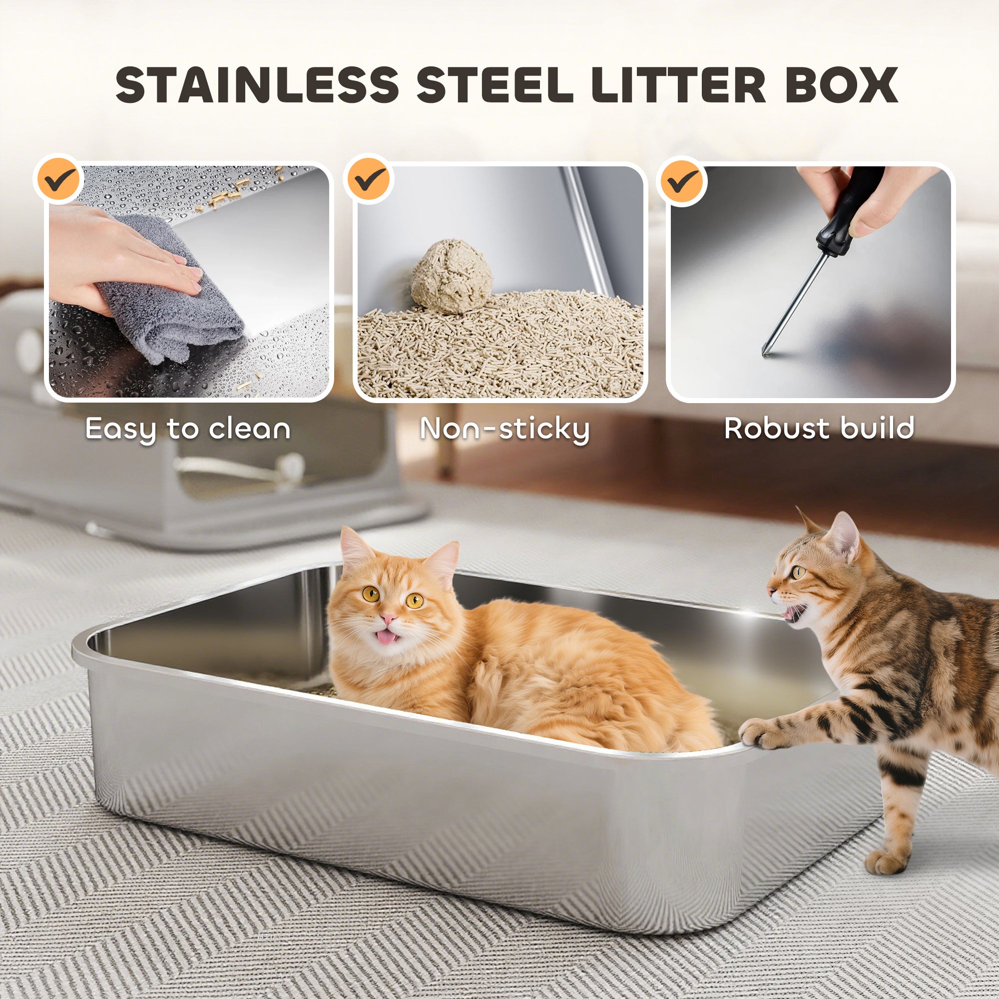 PawHut XXL Stainless Steel Cat Litter Tray, Enclosed Cat Litter Box with 90° Flip Cover, Double Doors, Scoop, Easy Clean, Grey 