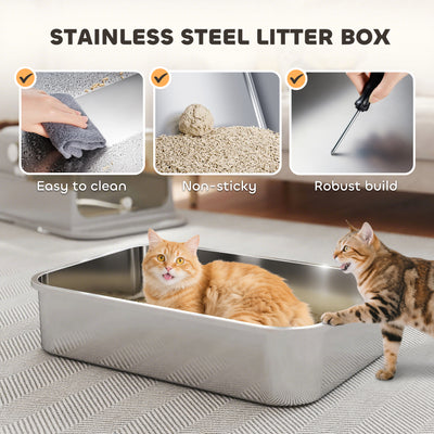 PawHut XXL Stainless Steel Cat Litter Tray, Enclosed Cat Litter Box with 90° Flip Cover, Double Doors, Scoop, Easy Clean, Grey 