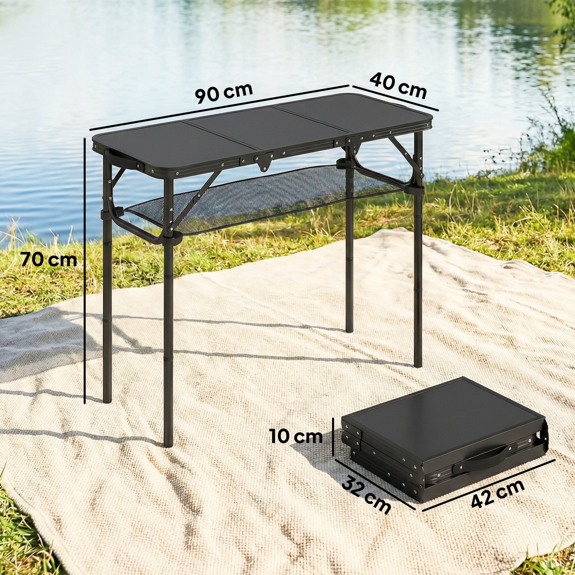 Outsunny 3ft Folding Camping Table, Picnic Table with Mesh Storage Layer, Carrying Bag and Metal Frame, Black 