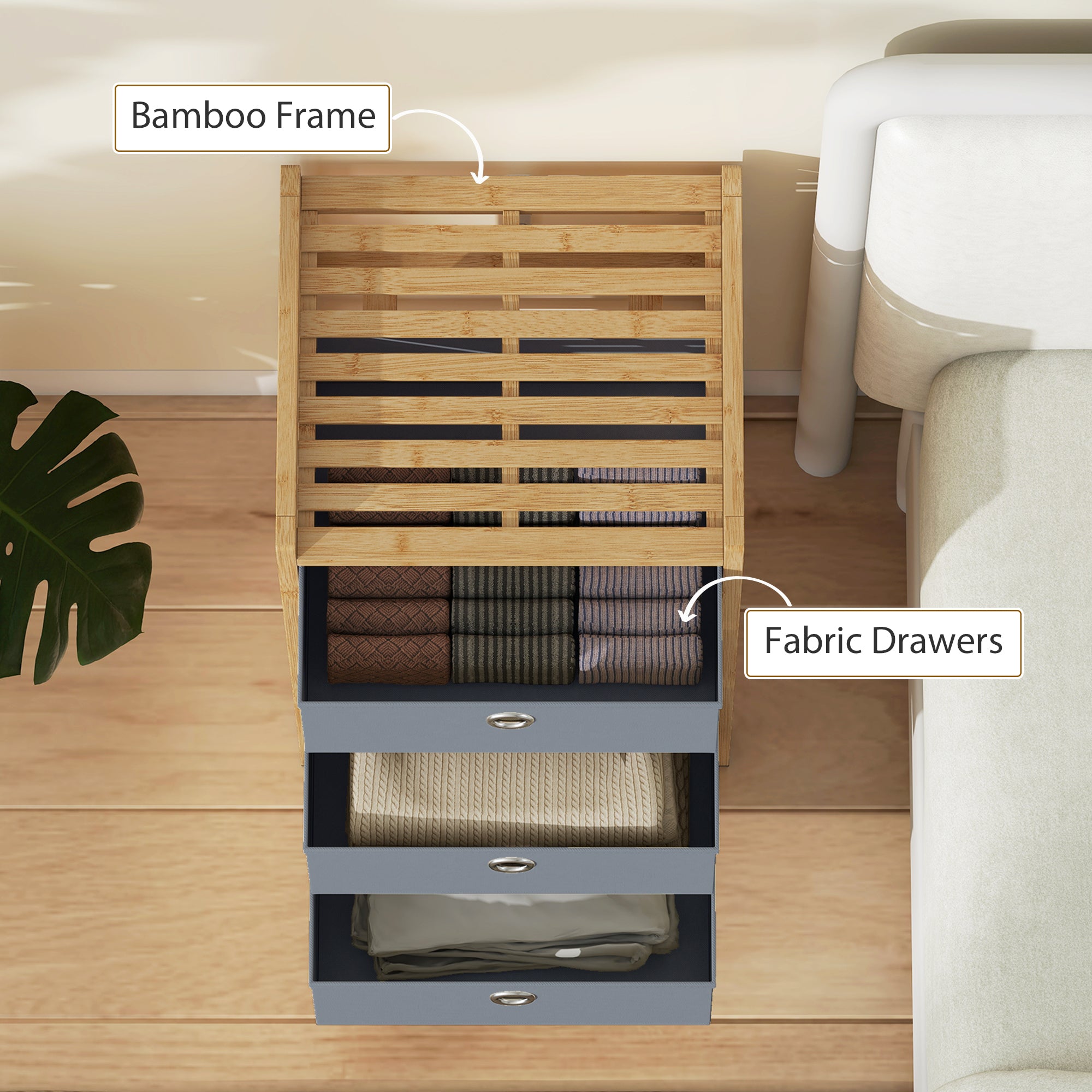 HOMCOM Chest of Drawers, 3 Fabric Drawers Narrow Dresser with Bamboo Frame, Light Grey 