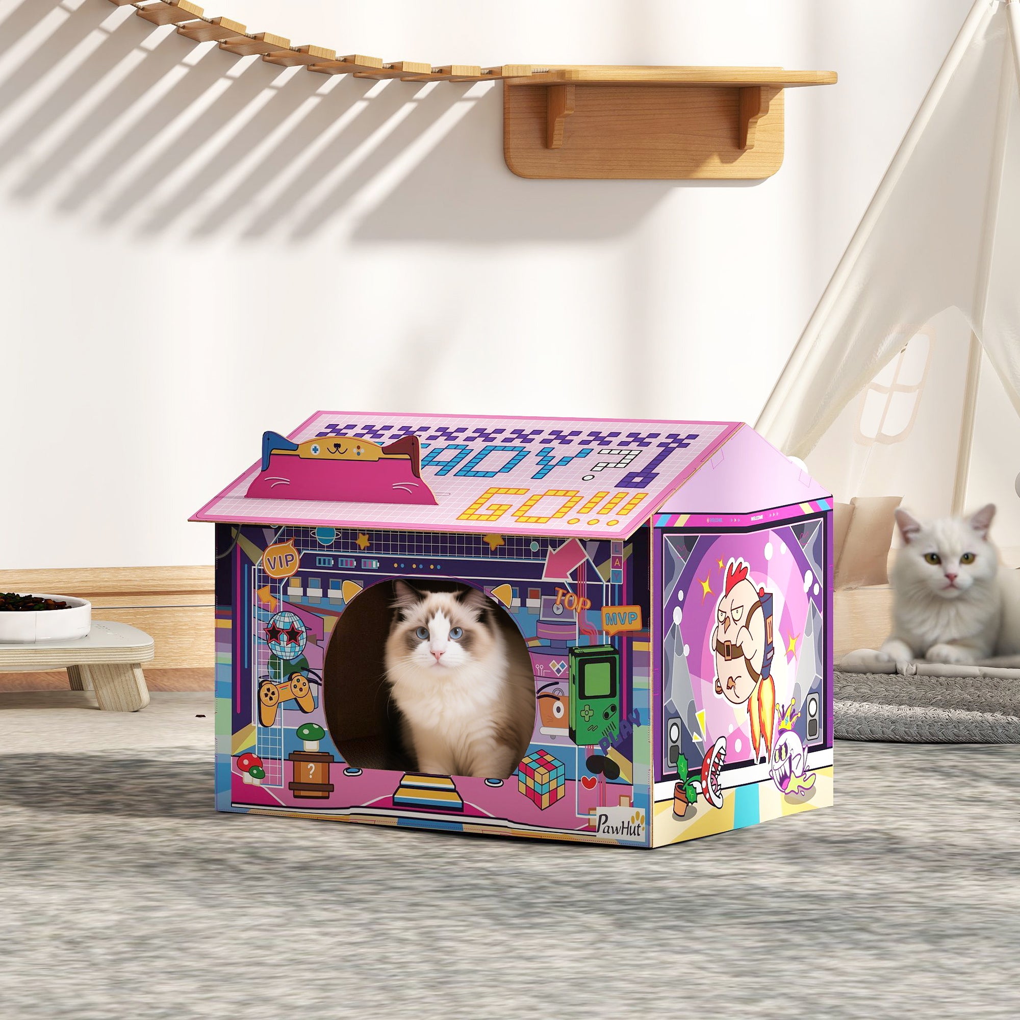 PawHut 2 in 1 Gaming Style Cardboard Cat House with Scratching Board & Catnip for Indoor Cats, Pink 