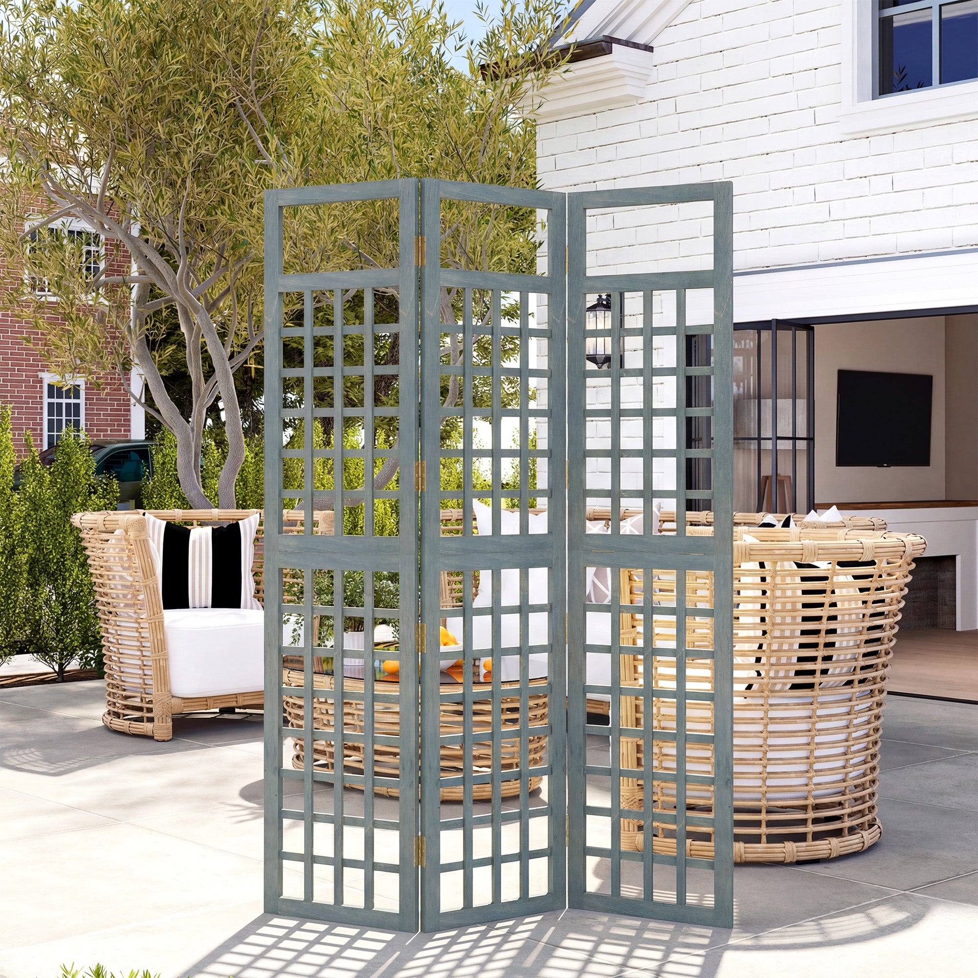 Outsunny 3-Panel Garden Privacy Screen, Freestanding Foldable Wooden Outdoor Divider/Trellis, Decorative Privacy Screen, Grey 