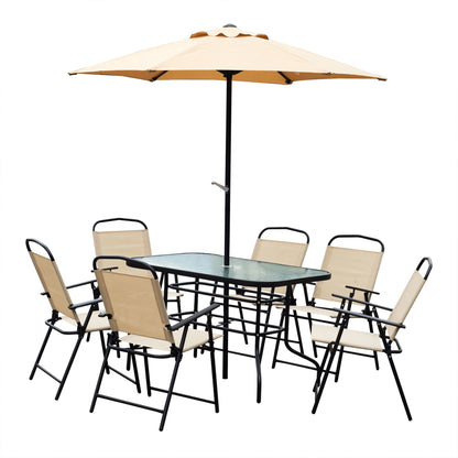 Outsunny 8 Pieces Dining Set Furniture Garden Foldable 6 Chairs 1 Table with Parasol Beige
