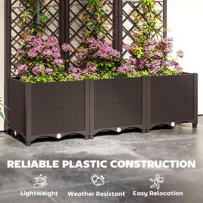 Outsunny Raised Garden Bed with Trellis, Plastic Planter Box with Drainage Holes and Drain Plugs for Climbing Plants, Vegetables, Flowers, Brown 