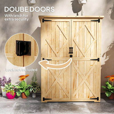 Outsunny Wooden Garden Storage Shed, Tool Storage Cabinet with Asphalt Roof and 2 Shelves for Garden Tools, Equipment, Outdoor Tool Shed with Double Doors, Natural 