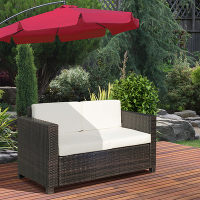 Outsunny 2 Seater Garden Furniture, Rattan Sofa with Soft Padded Cushion and Armrests, Wicker Garden Loveseat for Patio, Mixed Brown 