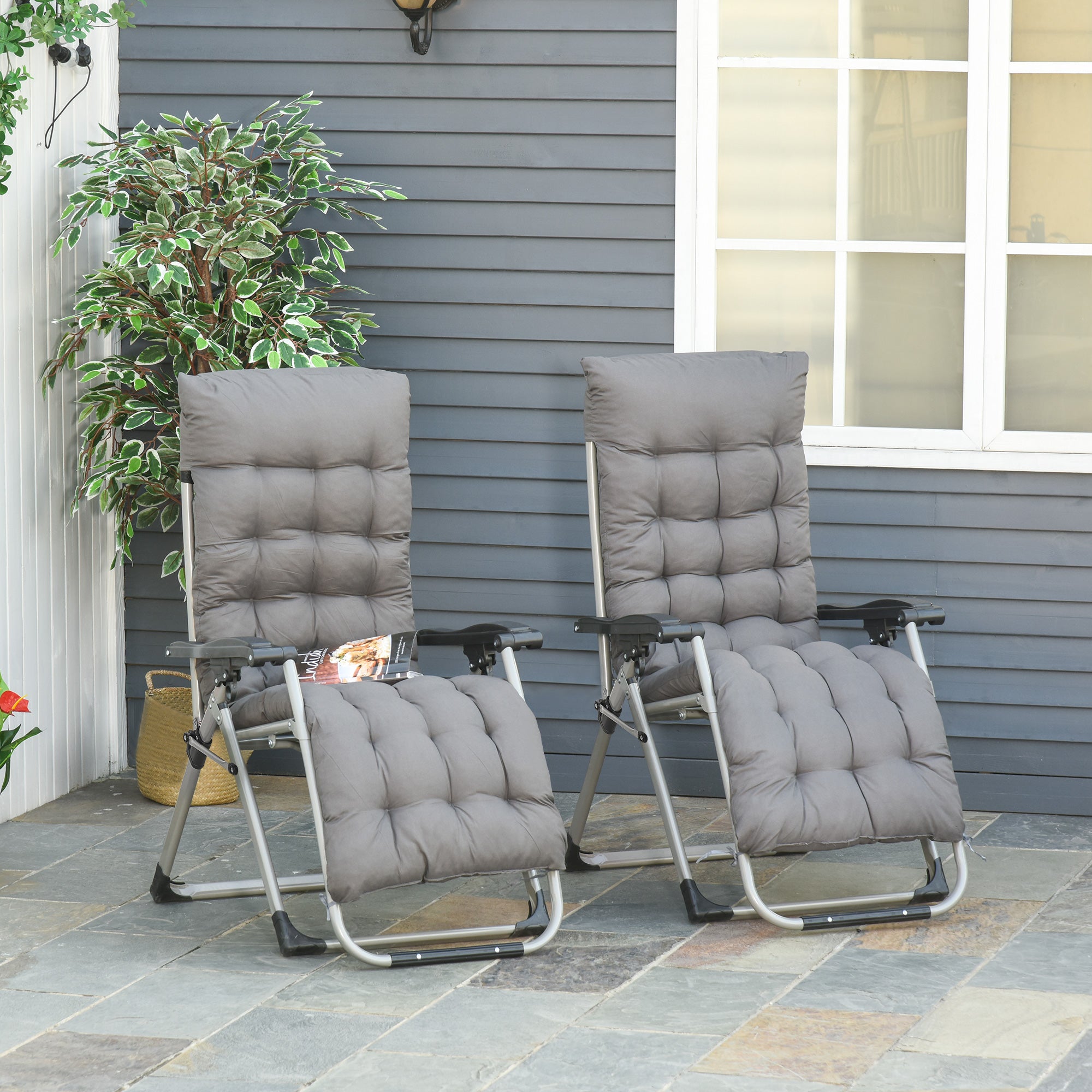 Outsunny 2 Piece Reclining Zero Gravity Sun Loungers with Cushions, Dark Grey 