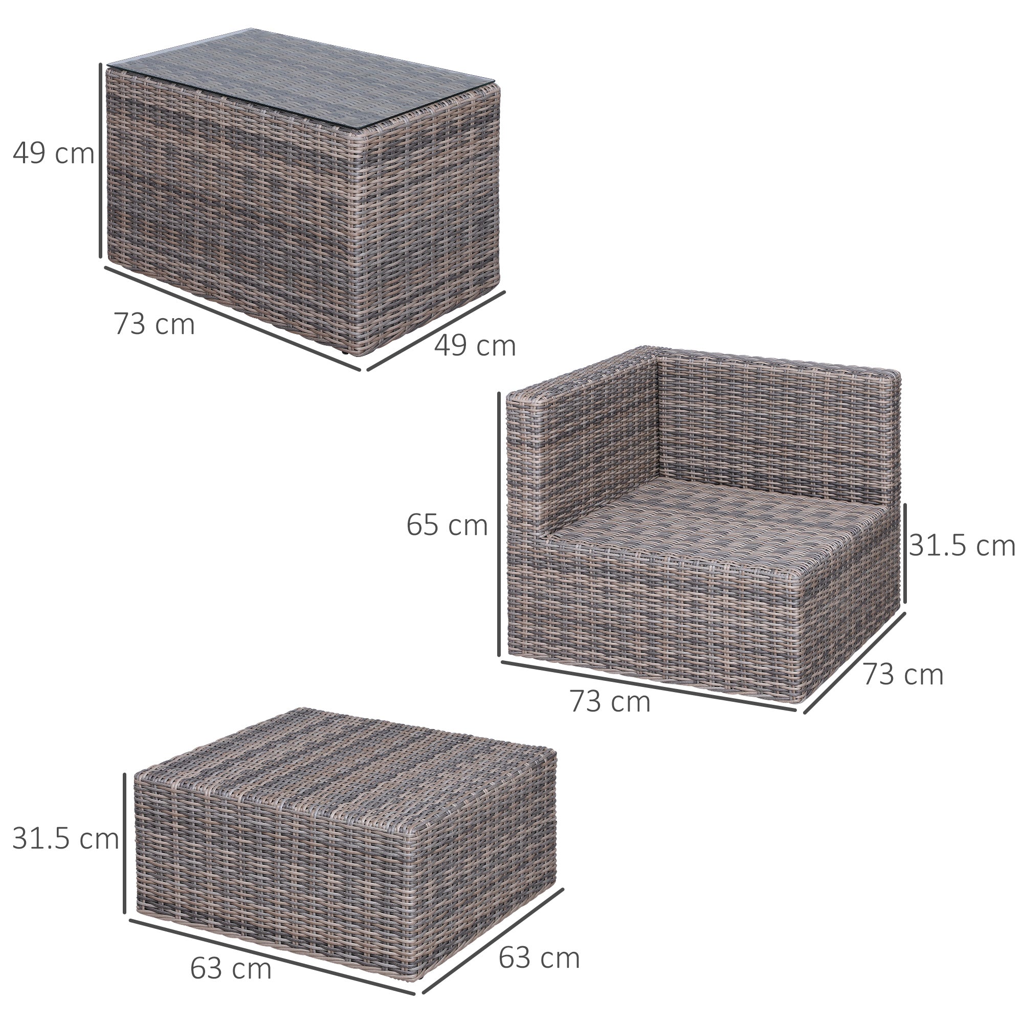 Outsunny 5 Piece Rattan Garden Furniture Set w/ 10cm Thick Cushions, Aluminium Frame Wicker Outdoor Balcony Sofa Set with Corner Armchairs, Ottomans, and Glass Top Table, Mixed Brown 