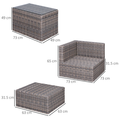 Outsunny 5 Piece Rattan Garden Furniture Set w/ 10cm Thick Cushions, Aluminium Frame Wicker Outdoor Balcony Sofa Set with Corner Armchairs, Ottomans, and Glass Top Table, Mixed Brown 