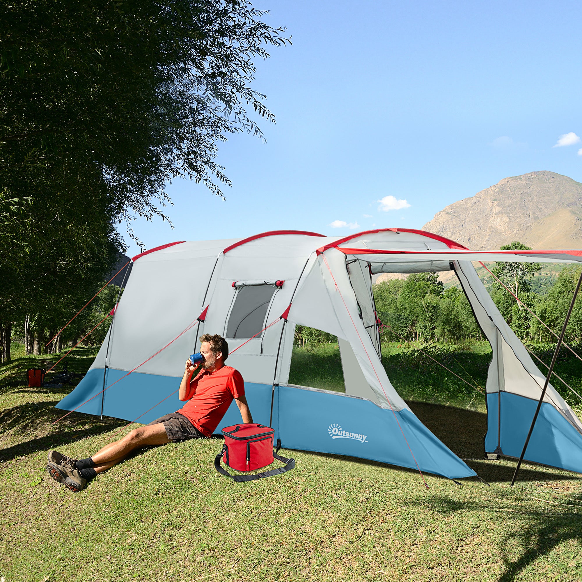 Outsunny 6-8 Person Tunnel Tent, Camping Tent with Bedroom, Living Room, Sewn-in Floor, 3 Doors and Carry Bag, 2000mm Water Column for Fishing, Hiking, Sports, and Traveling, Blue 