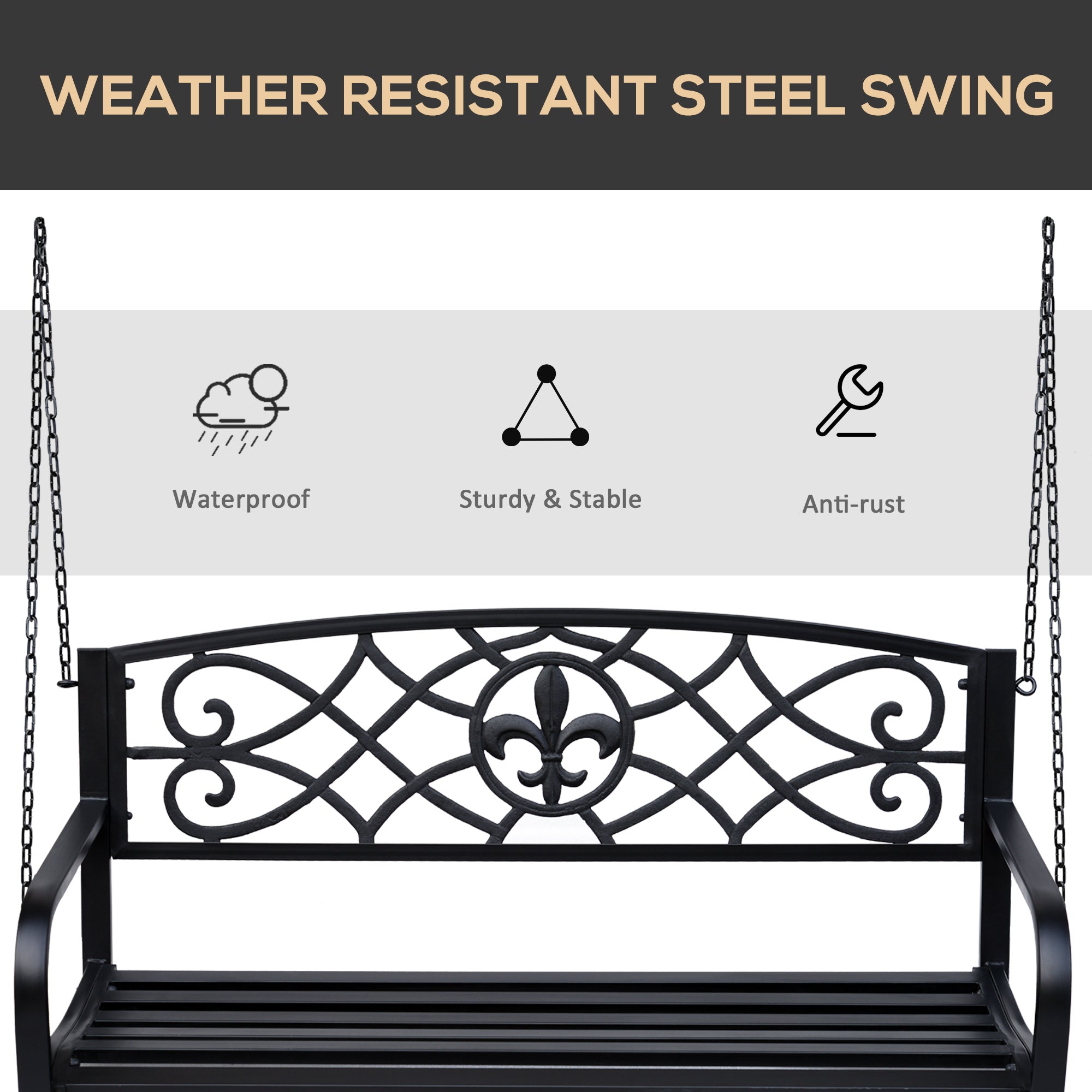 2 Seater Swing Seat Bench, Metal Garden Swing Chair with Chains, Weather Resistant, for the Patio, Yard, Deck and Yard, Black 