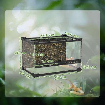 PawHut Reptile Glass Terrarium with Stone Background, Front Ventilation, Escape-Proof Knob Lock, 30 x 20 x 20 cm, Black 