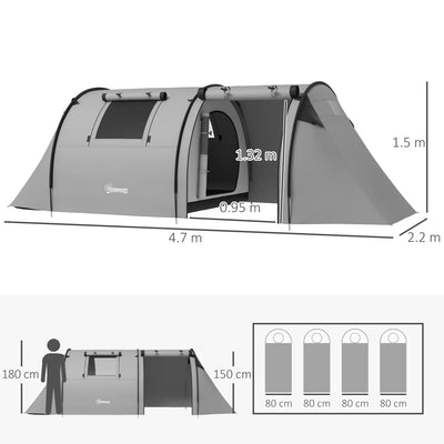 Outsunny Four Man Duo Room Tunnel Tent, with Accessories - Grey 