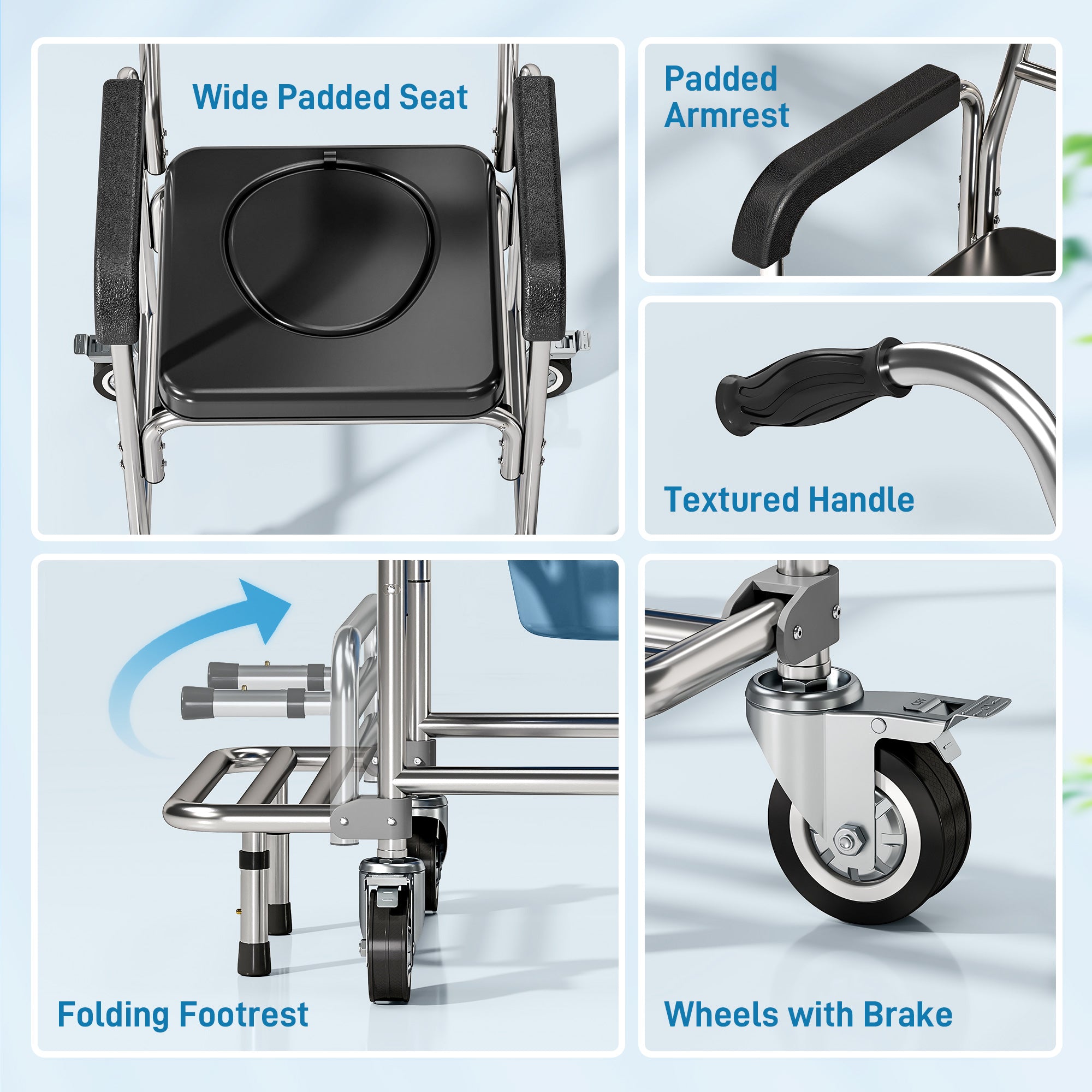 HOMCOM Transport Beside Shower Chair, 3-in-1 Commode Chair with Wheels and Padded Seat, Black