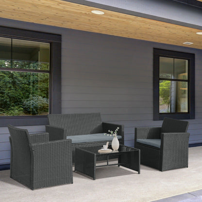 Outsunny 4 Pieces PE Rattan Garden Sofa Set with Cushions, Outdoor Patio Wicker Weave Conservatory Furniture Set with a Loveseat, 2 Armchairs and a Glass Top Coffee Table, Black 