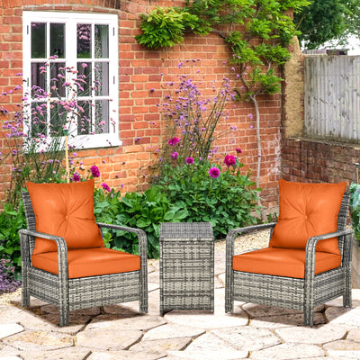 Outsunny 3 Pieces Rattan Bistro Set, Wicker Garden Furniture Set with Storage  Coffee Table and Chairs, Thickened Cushions for Outdoor, Patio, Balcony, Orange 