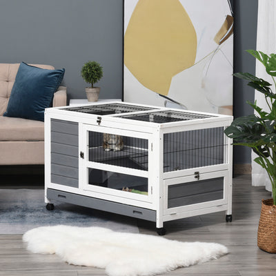 PawHut Indoor Rabbit Hutch Guinea Pig House Wooden Elevated Pet Bunny Cage with Wheels Openable Roof 102 x 60 x 63.5cm Grey 