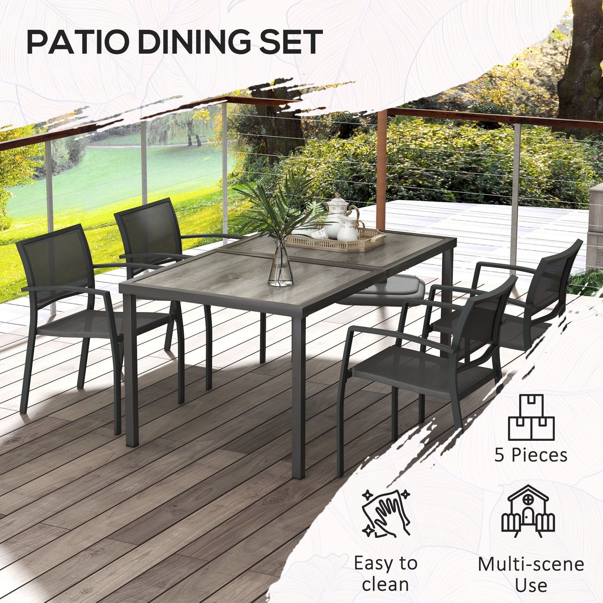 Outsunny Five-Piece Casual Outdoor Dining Set, with Wood-Effect Table - Grey 