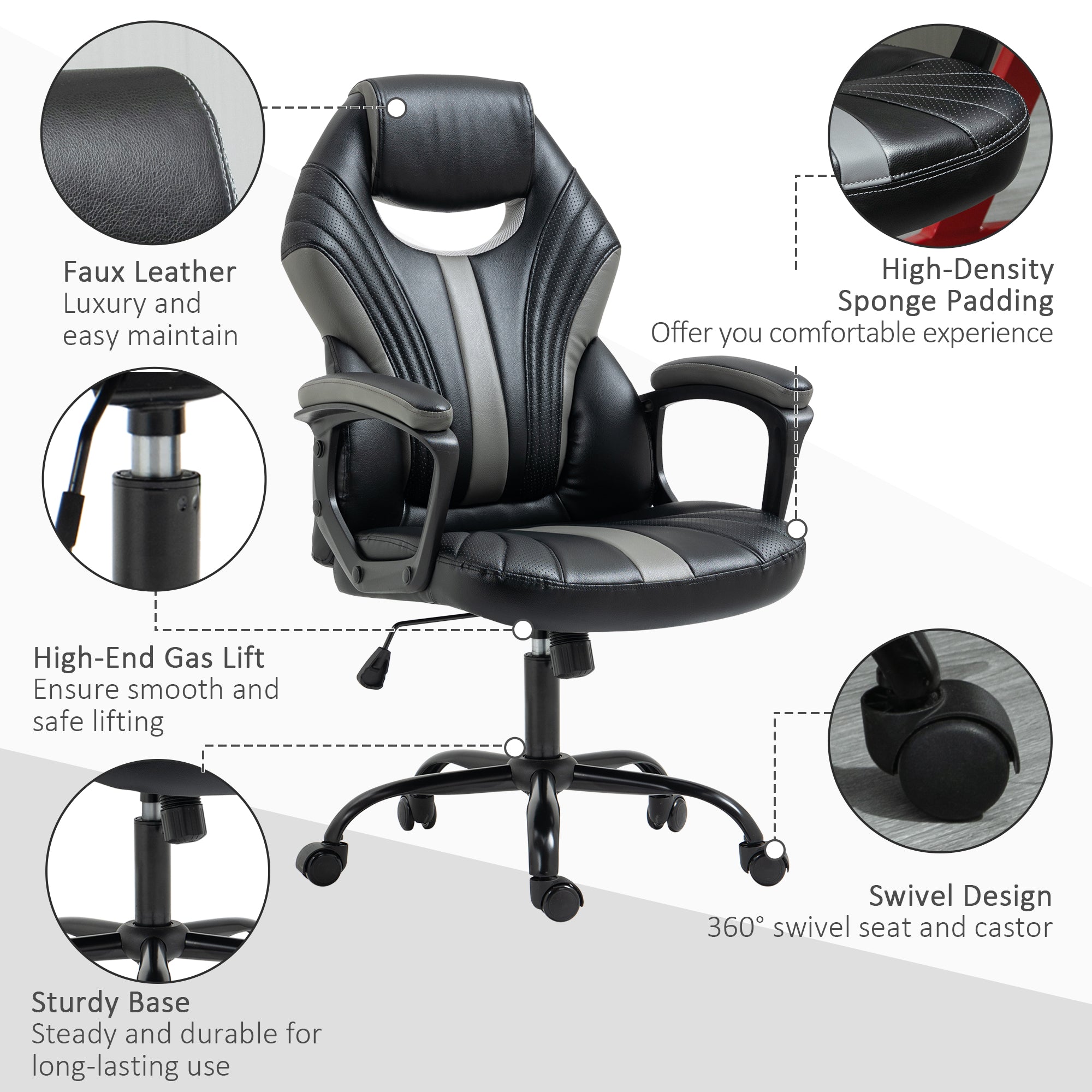 Vinsetto Computer Gaming Chair, Desk Chair with Breathable PU Leather Back and Seat, Soft Padded Armrests and Rolling Wheels for Adults and Gamers, Black 