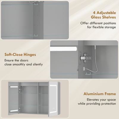 HOMCOM Mirrored Bathroom Cabinet with LED Lights, 60 x 80 cm Bathroom Mirror Cabinet with Anti-Fog, 3 Colour Dimmable Lighting 