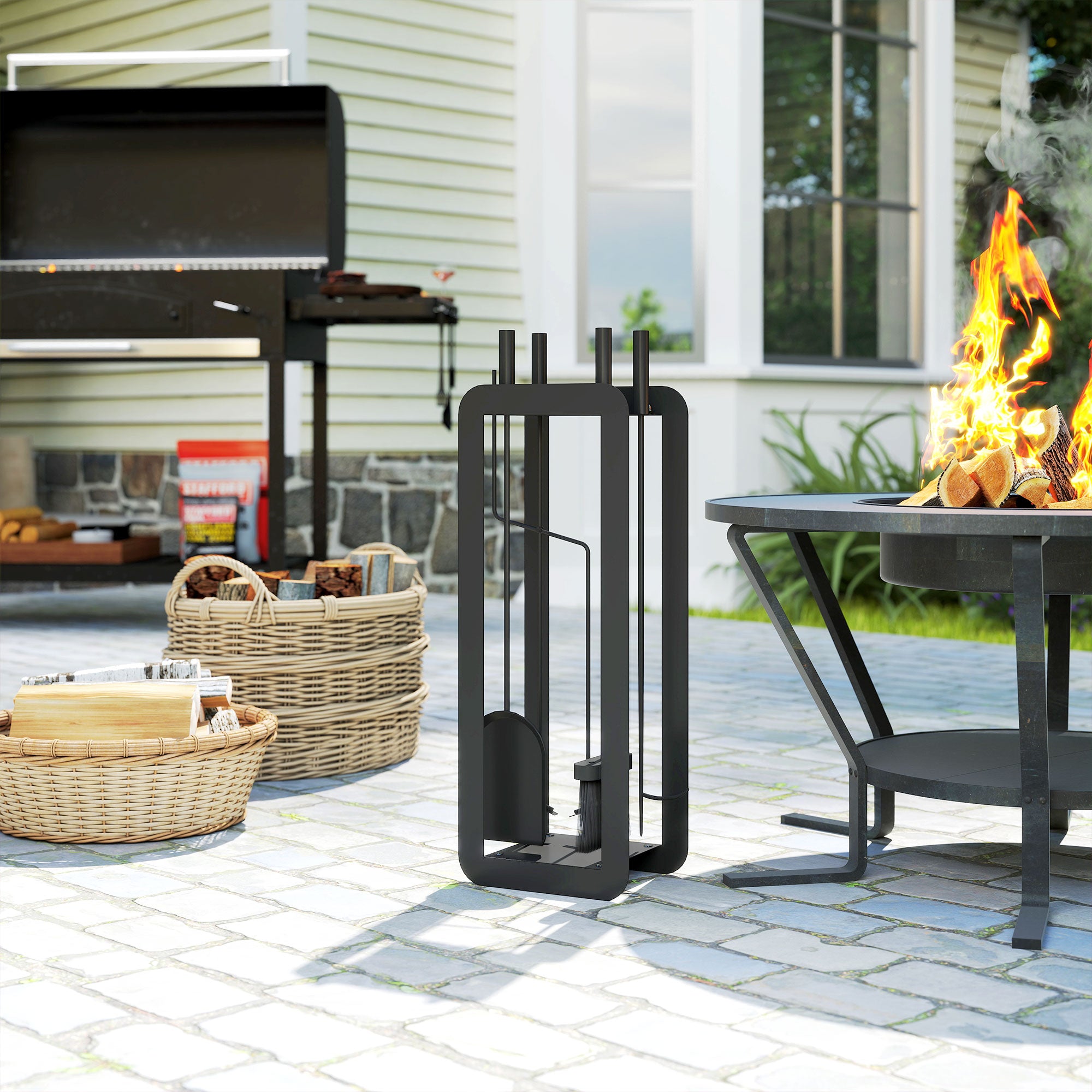 Outsunny 5 Pieces Fireplace Companion Set, Metal Fireplace Accessories Fireside Companion Set with Brush, Shovel, Poker, A Pair of Tongs, Stand, Black 