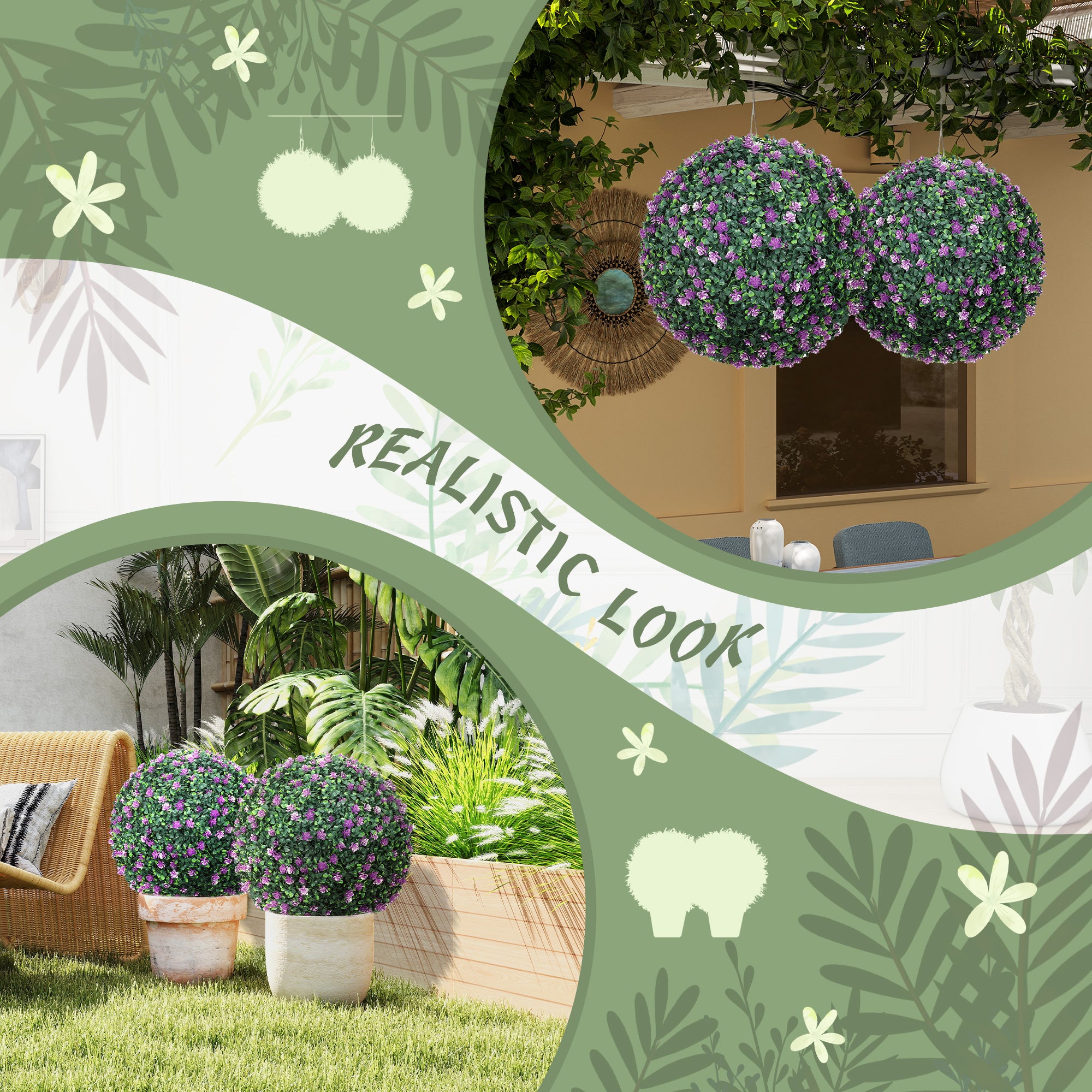 HOMCOM Set of Two Artificial Boxwood Balls Plants - Purple 