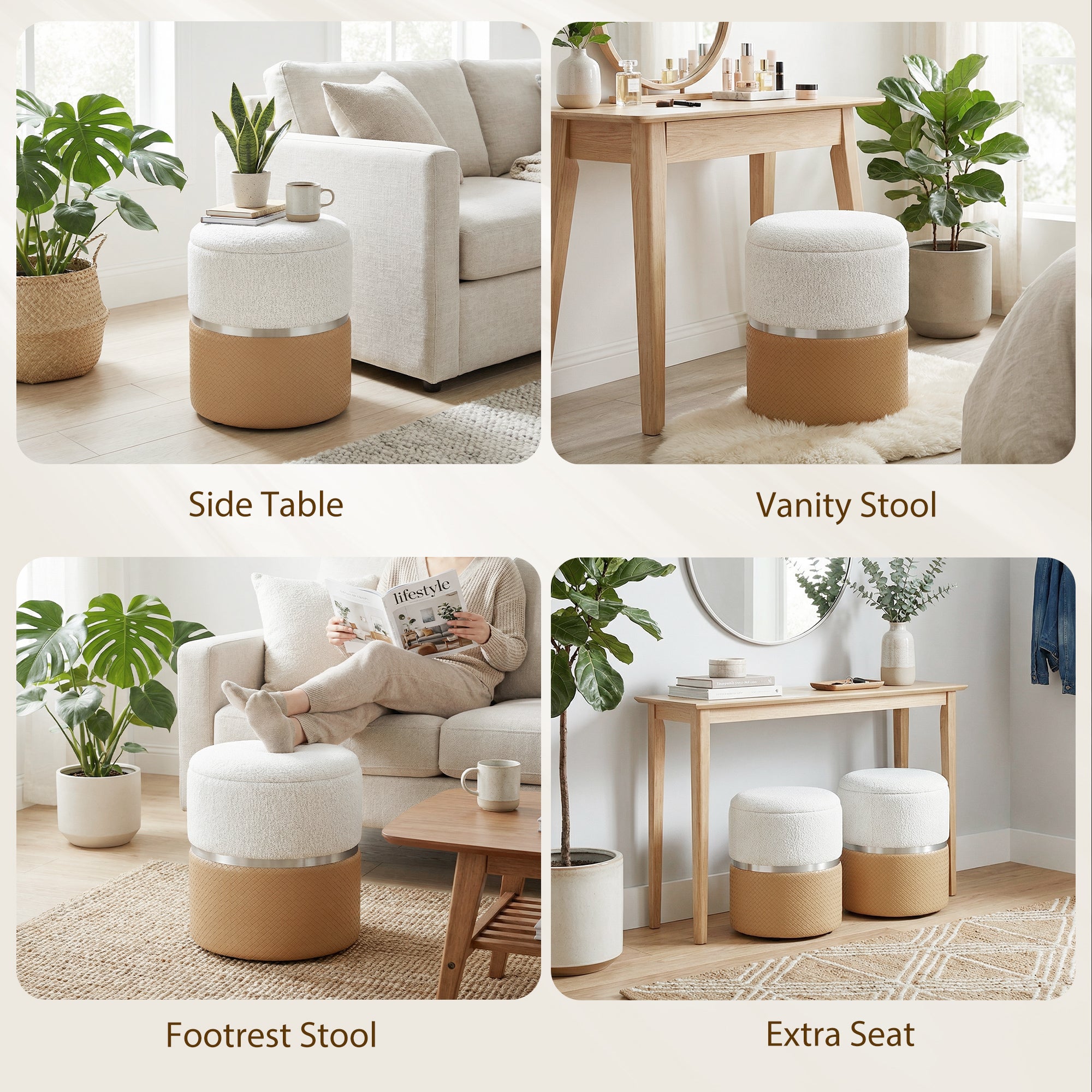 HOMCOM Nesting Round Ottoman with Storage Set of 2 - Cream/Brown 