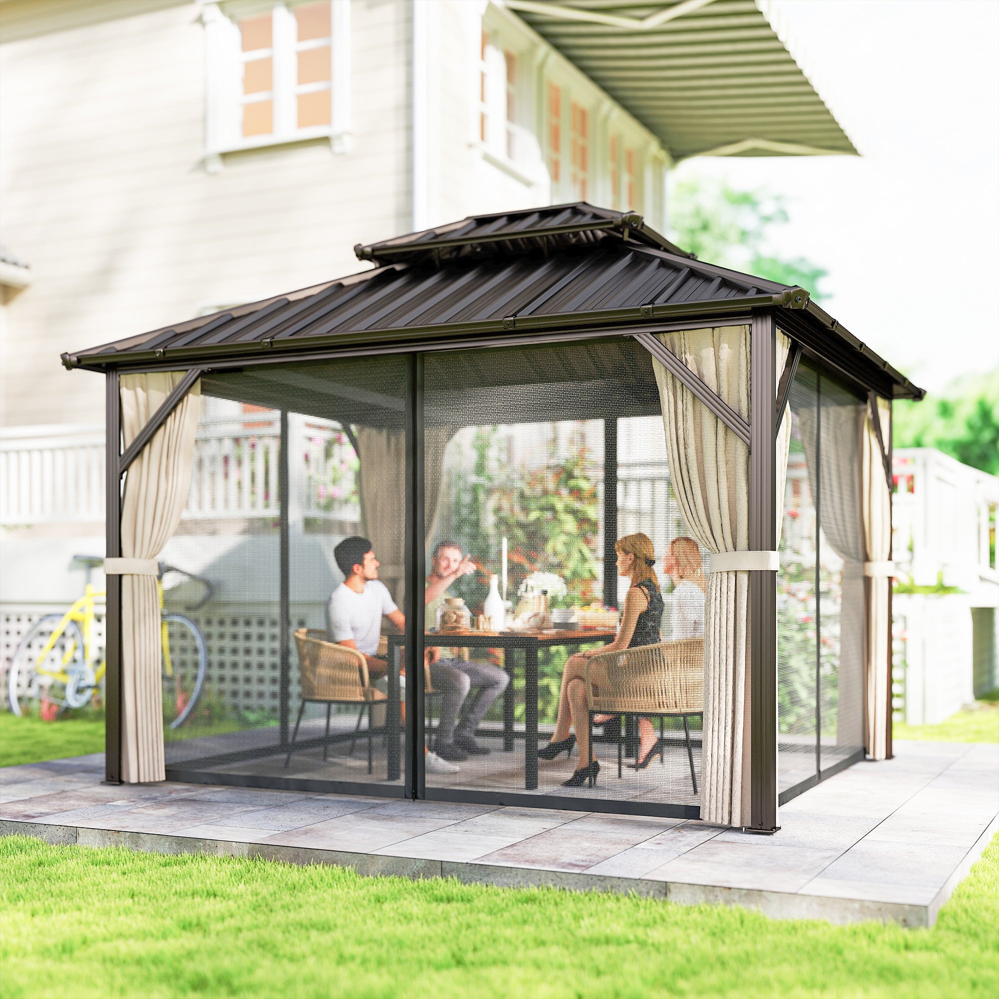 Outsunny 3x3.6 m Hardtop Gazebo Canopy with UPF50+ Double Galvanised Steel Roof, Aluminium Garden Gazebo Permanent Pavilion, Brown 