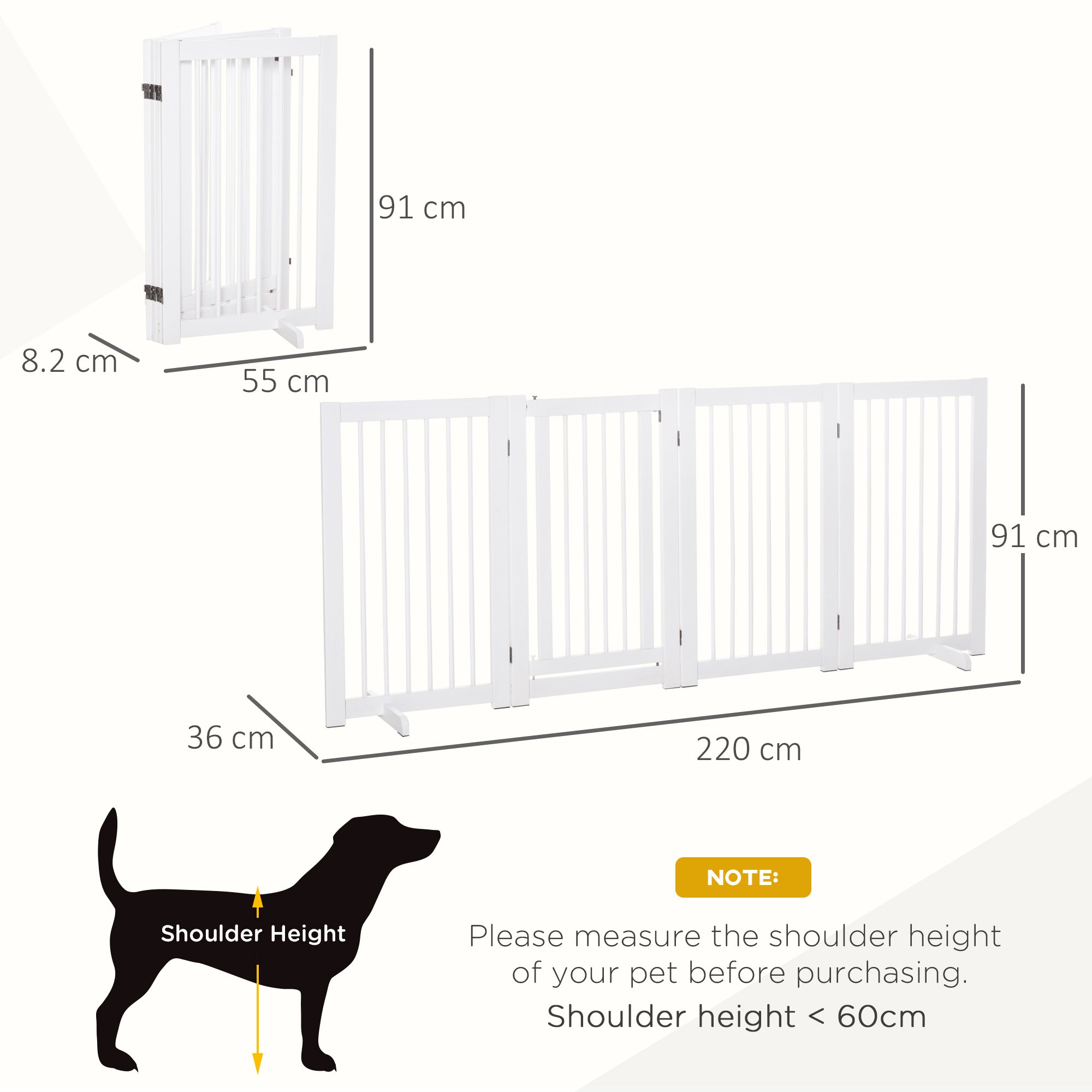 PawHut Freestanding Pet Gate 4 Panels Wooden Dog Safety Fence Foldable with Support Feet for Doorway Stairs 91cm Tall White 