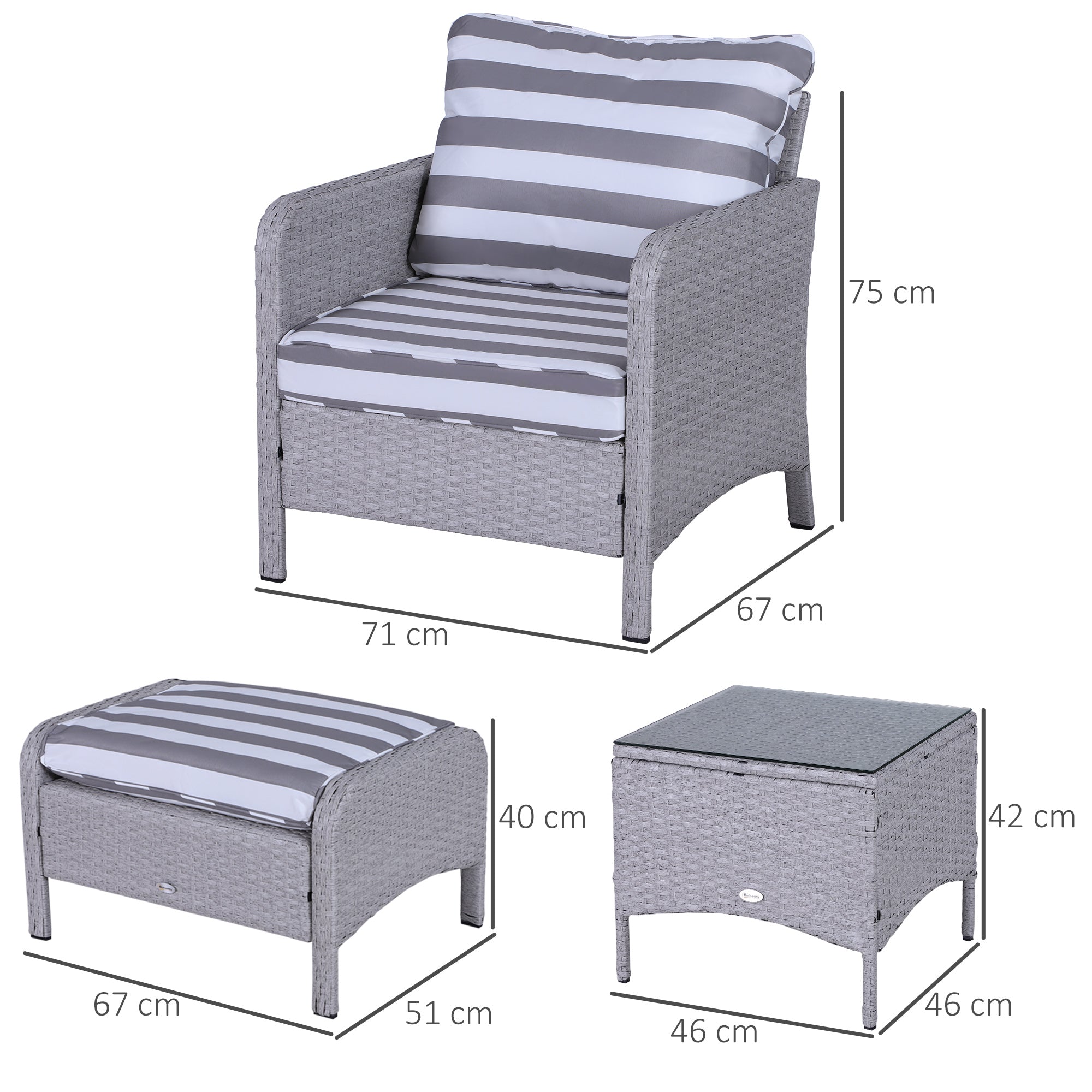 Outsunny 5 Pieces PE Rattan Garden Furniture Set with 10cm Thick Padded Cushions, Wicker Weave Outdoor Seating Chairs with 2 Armchairs, 2 Stools, Glass Top Table, Grey and White 