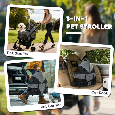 PawHut Pet Stroller, Foldable Dog Cat Stroller with Detachable Carrier, Wheels, Storage Basket, Secure Leash 