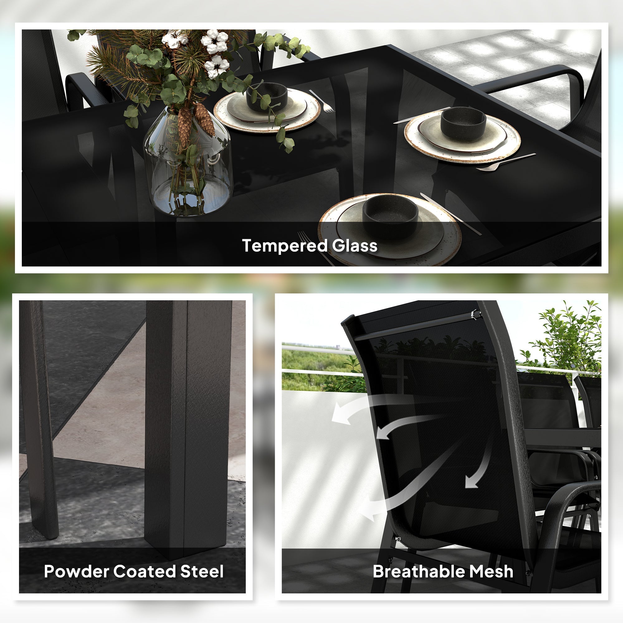 Outsunny 8 Seater Garden Dining Set with Stacking Chairs, Rectangular Tempered Glass Top, Garden Furniture Set, Outdoor Dining Table and Chairs for Patio, Balcony, Poolside, Black 