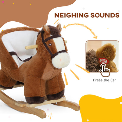 AIYAPLAY Kids Rocking Horse, Plush Ride on Horse, with Sound, Wood Base, for Ages 18-36 Months, Brown 