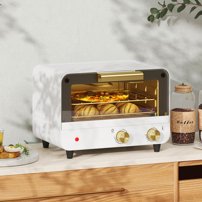 HOMCOM Small Toaster Oven, 12L Multifunction Mini Countertop Oven with Glass Door, Adjustable Temperature and Timer, Accessory Included, 750W, White 