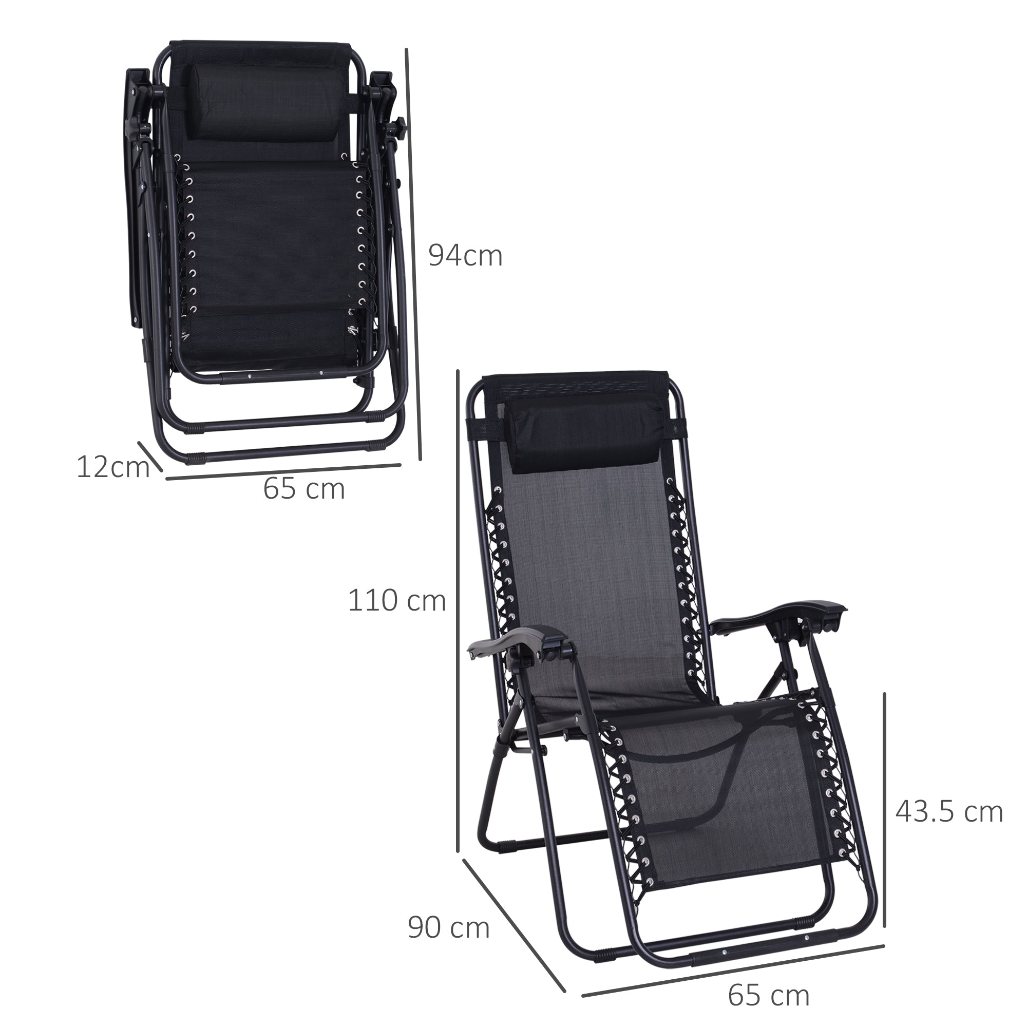 Outsunny Zero Gravity Chair Metal Frame Texteline Armchair Outdoor Folding and Reclining Sun Lounger with Head Pillow for Patio Decking Gardens Camping, Black 