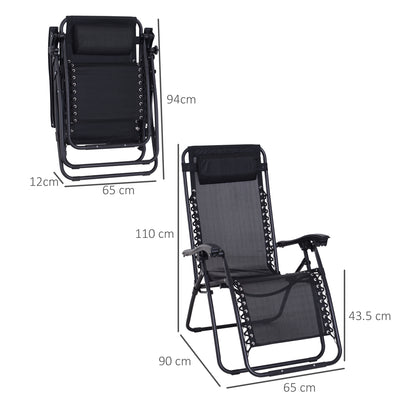 Outsunny Zero Gravity Chair Metal Frame Texteline Armchair Outdoor Folding and Reclining Sun Lounger with Head Pillow for Patio Decking Gardens Camping, Black 
