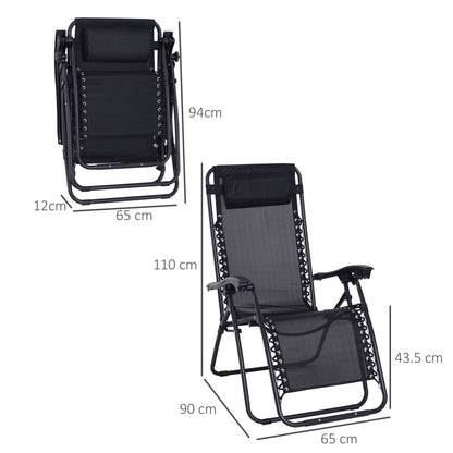 Outsunny Zero Gravity Chair Metal Frame Texteline Armchair Outdoor Folding and Reclining Sun Lounger with Head Pillow for Patio Decking Gardens Camping, Black 
