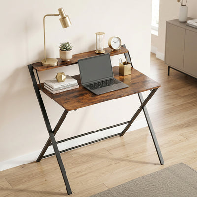 HOMCOM Compact Folding Desk for Small Spaces with Storage Shelf for Home Office, Rustic Brown 