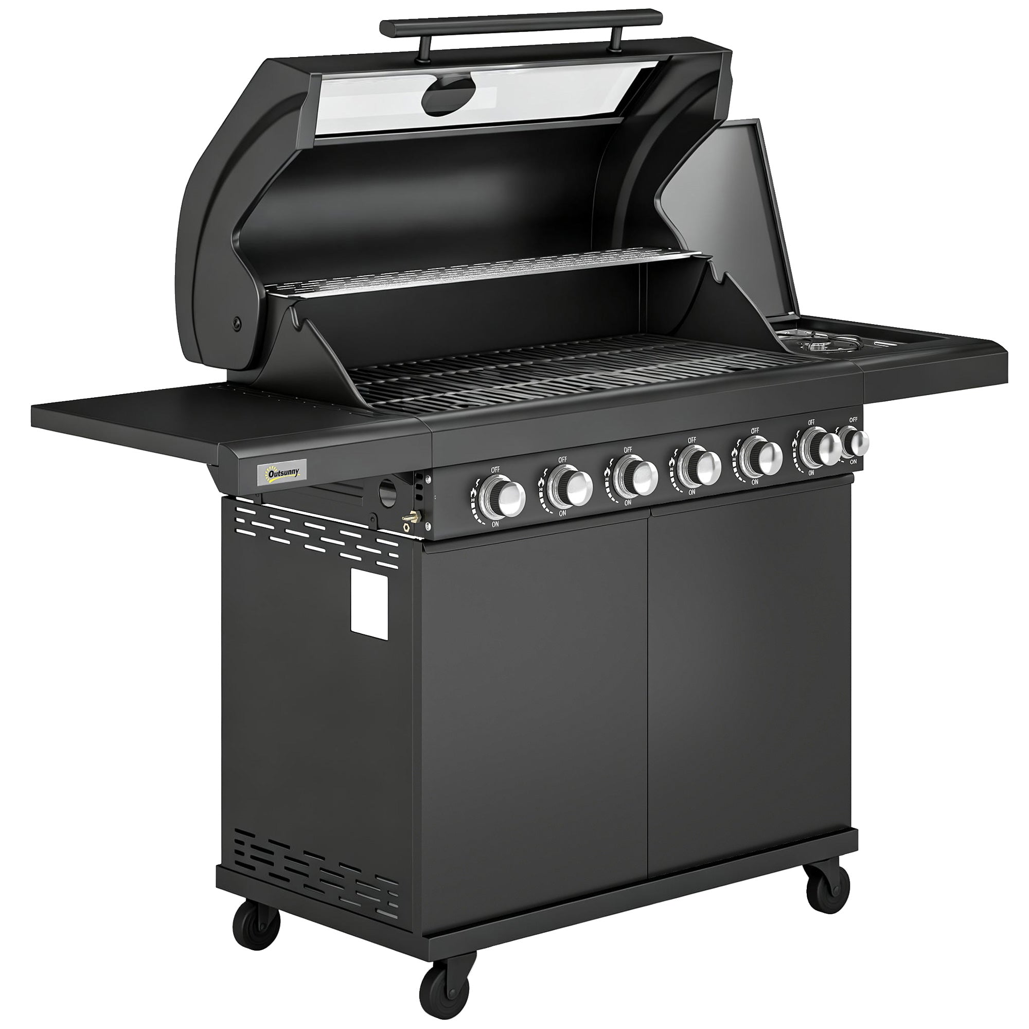 Outsunny 6+1 Burner Gas BBQ Grill, Outdoor Barbecue Trolley with Wheels, Warming Rack, Thermometer, Bottle Opener, Black 